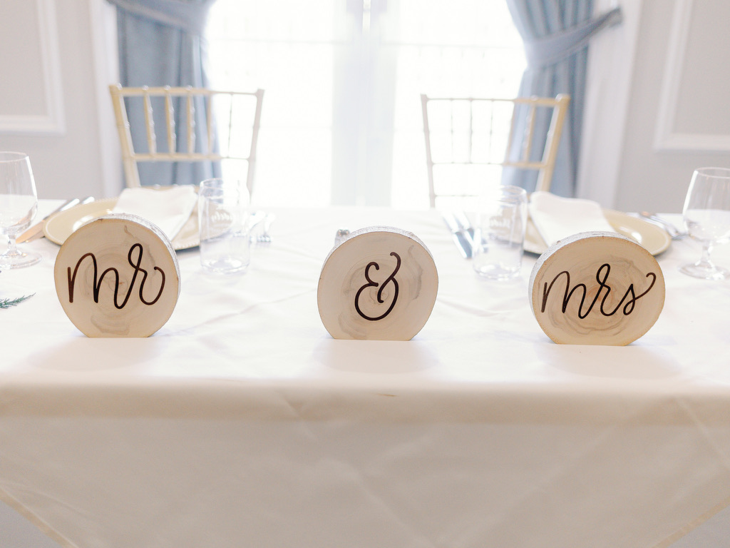 Mr & Mrs sign on head table at wedding reception by Delightful Planning FL