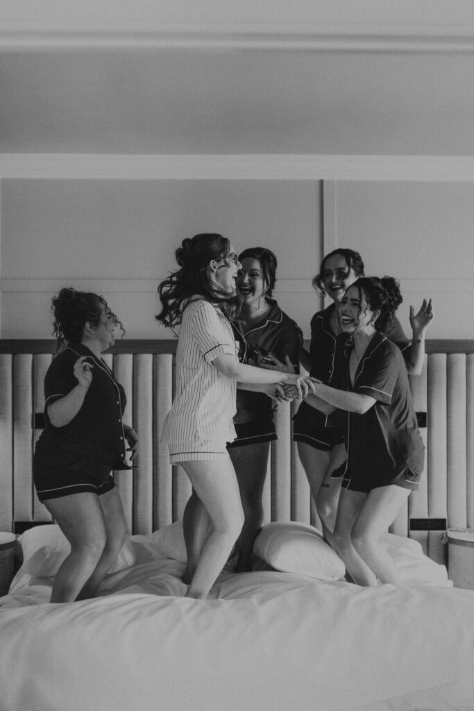Bride and bridesmaids on wedding morning